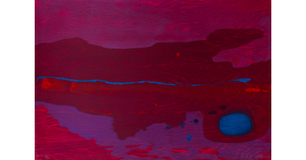 A detail of an abstract color print in various shades of hot pink, with a horizontal thin blue line across the center and several blue dots in the lower right.