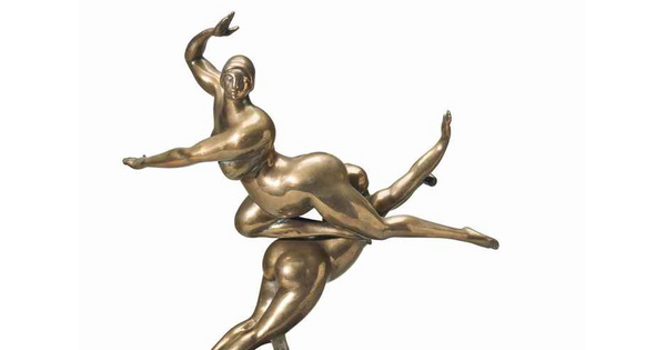 A bronze sculpture of two nude women leaping with arms and legs out in different directions.