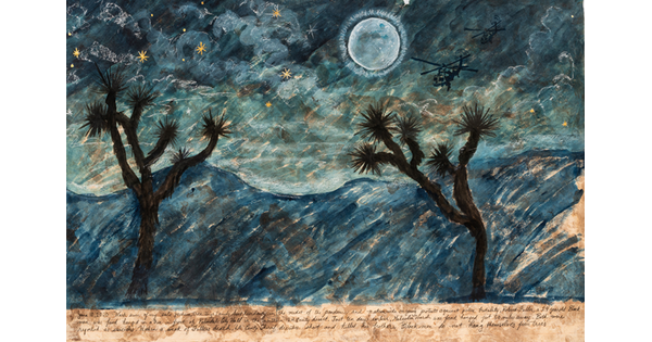 A watercolor painting of two helicopters, cockpits shaped like skulls, flying through a night sky toward two large Joshua trees, and several lines of script at the bottom.