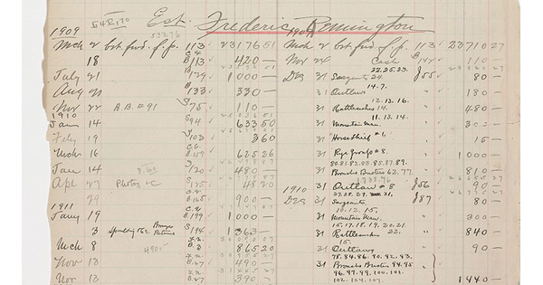 Detail of Roman Bronze Works ledger showing handwritten list of Frederic Remington works.