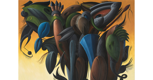 A detail of an abstract oil painting of a plant-like form made up of green, blue, brown, and gray geometric and organic forms on an orange background.