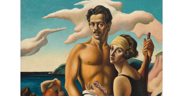 A detail of an oil painting of a White man with dark hair, mustache, shirtless, standing next to a seated White woman in a black bathing suit with children playing on a beach in the background.
