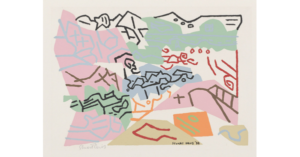 An abstract landscape print made of multicolored lines and shapes on a white background.