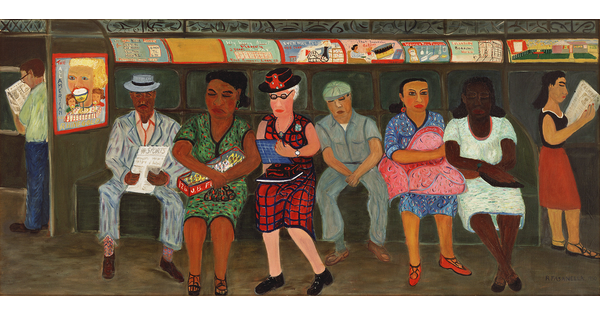 A colorful, horizontally-oriented oil painting of a diverse group of people seated on a train.