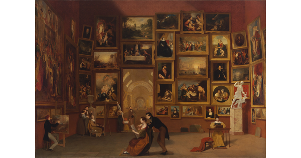 An oil painting of the interior of a large gallery with artwork hung salon-style, and people throughout the gallery seated and standing painting or drawing.