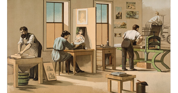 A color print depicting people working in a lithography studio.