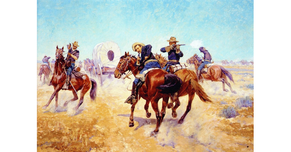An oil painting of a group of White men on horseback shooting revolvers toward the viewer to defend a covered wagon that is ahead of them.