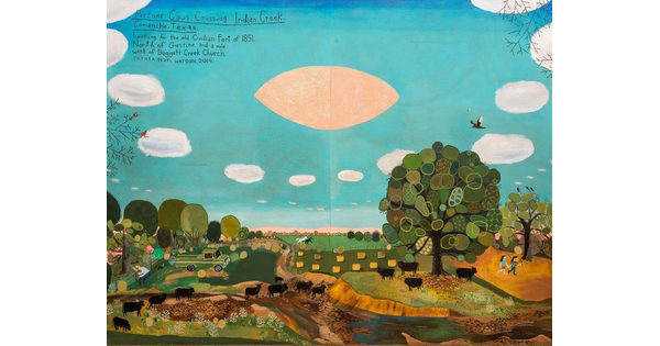 A detail of a large-scale painting hanging on a smooth stone wall; the top half shows blue sky, white clouds, and a football-shaped pink UFO; the bottom half shows rolling green hills and pastures, trees, and a herd of black cows.