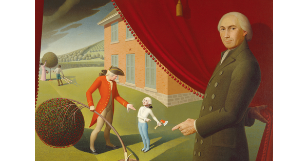 An oil painting of a man pulling back a red curtain to reveal an outdoor scene of a small George Washington holding a hatchet near a damaged cherry tree and a taller man next to him gesturing angrily toward the damaged tree.