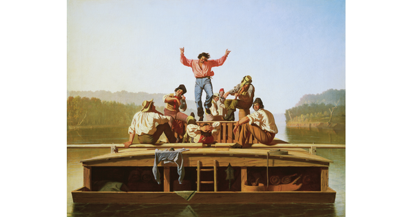 An oil painting of a group of White men lounging on a flat boat as two play music and one man dances in the center.