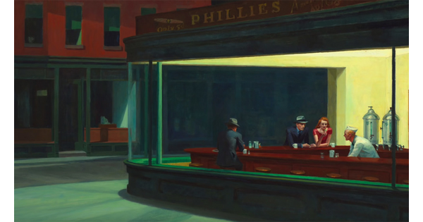 An oil painting of a corner bar at night, showing through the windows three patrons at the bar and a bartender at work.
