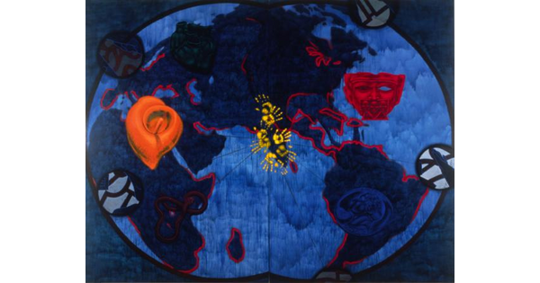 An oil painting of a stylized world map with different icons and symbols placed over different areas.
