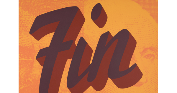 A color print of the word &quot;Fin&quot; written in cursive over faint images of two faces on an orange background; a red and black snake in the lower right corner.