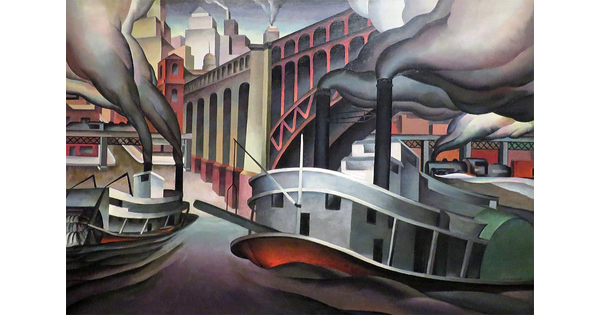 An oil painting of stylized steamboats on a river under an arch bridge, with a city and trains in the background.