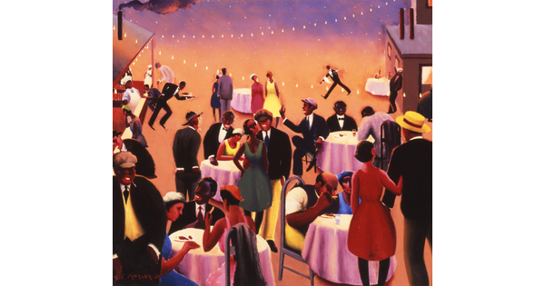 An oil painting of Black people - some seated at tables, others standing - at an outdoor party under strings of lights as waiters in the background balance trays on their arms.