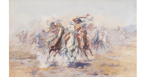 A watercolor painting of a group of Indigenous people dressed for battle on horseback fighting each other with rifles, bows and arrows, and tomahawks.