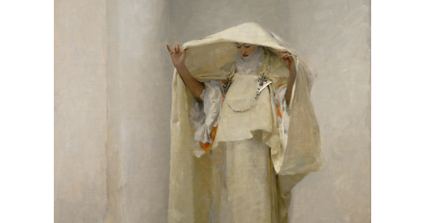 A detail of an oil painting of a standing White woman wearing elaborate white clothing and holding the hood out over her head to catch the smoke from a lamp on the floor in front of her.