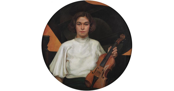 A circular oil painting of a White woman with short dark hair, wearing a white blouse and holding a violin on her lap.
