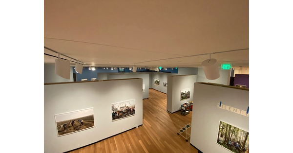 A view of a gallery from above showing a maze of walls