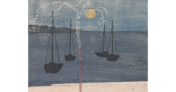 An abstract color print of four boats on calm water with a firework exploding in the foreground.