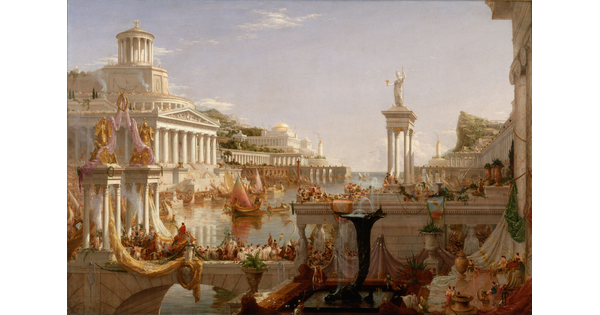 An oil painting of a vibrant ancient classical city built on the shores of a body of water with people dressed in robes throughout the scene.
