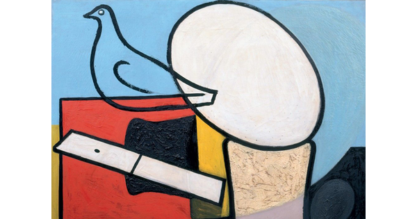 An oil painting in an abstract style of a large white egg sitting on top of a glass next to the outline of a bird sitting on a red box.