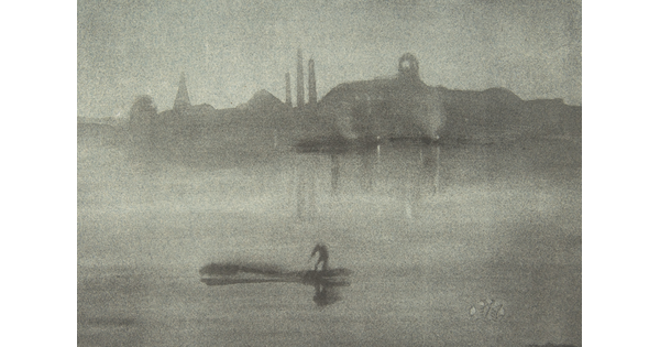 A black-and-white print of the silhouette of a city just beyond a foggy river on which a person paddles a canoe.