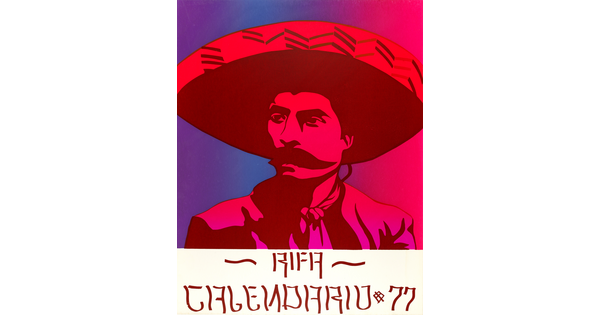 A color print in shades of hot pink of a man wearing a large sombrero, a mustache, and a bandanna around his neck.