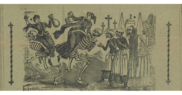 A black-and-white print showing various scenes of skeletons dancing around a headline that reads, &quot;Gran baile de calaveras&quot; and other text in Spanish.