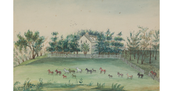 A watercolor of horses in a green pasture in front of a large white home surrounded by a white picket fence.