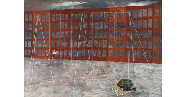 A painting of two children reading comics on a playground outside of an apartment building.
