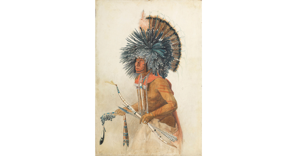 A watercolor of an Indigenous man wearing a feathered headdress, body paint, a beaded rope around his neck, and holding a bow and arrow.