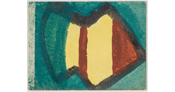 A watercolor with bands of yellow, red, and blue-green inside of an abstract form outlined in black.