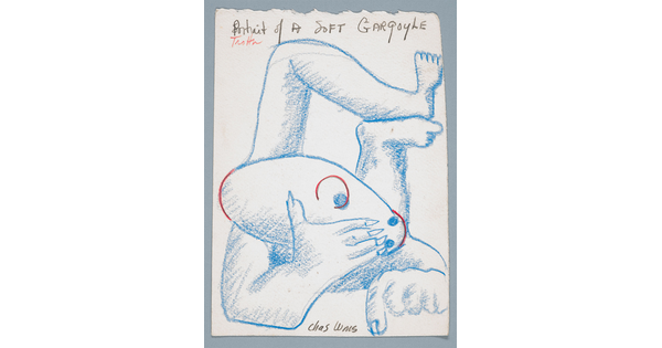 A drawing in blue and red of a human-like form lying on a floor with legs up and head resting in one hand.