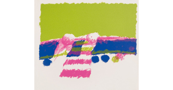 A detail from a print: an abstract illustration with bright green, pink, and blue rectangles and circles.