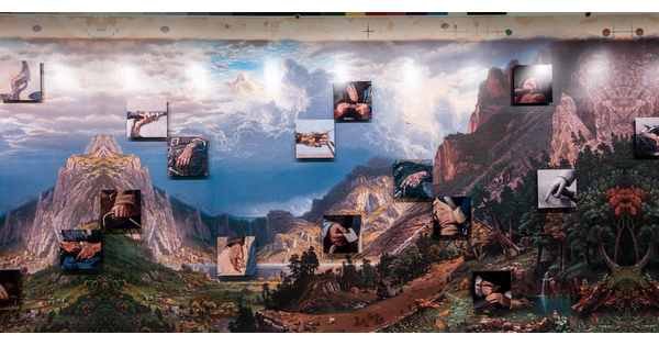 A view of a gallery wall with large-scale reproduction of an Albert Bierstadt print with close-up details from paintings and sculptures placed on top of it. 