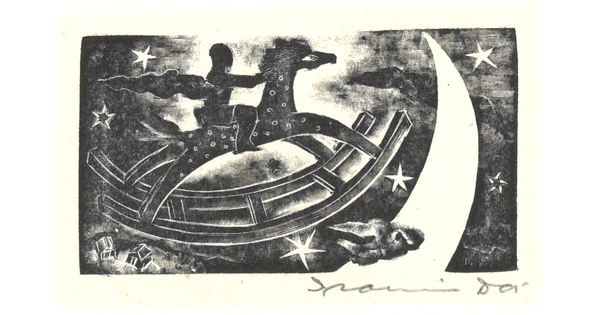A detail from a book spread: a small image of a figure on a rocking horse traveling over a crescent moon and stars.