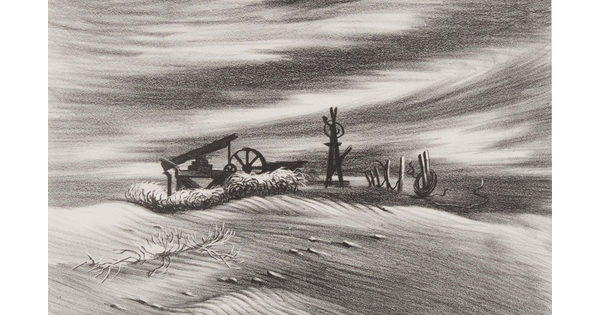 A black-and-white print of a bare field with abandoned farm equipment and dusty, windy skies.