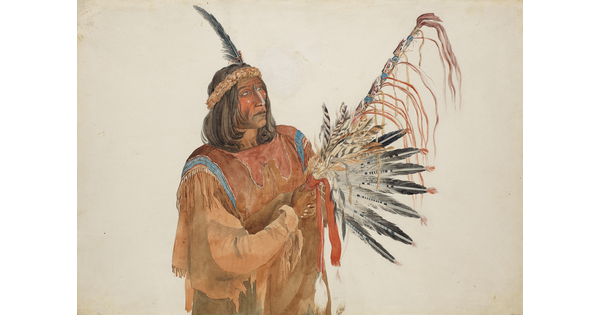 A detail of a watercolor of an Indigenous man wearing a headband with a single feather, traditional deerskin clothing, and holding an object made or many feathers and ribbons.
