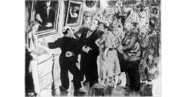 A black-and-white etching of cartoonish people looking at art in a gallery.