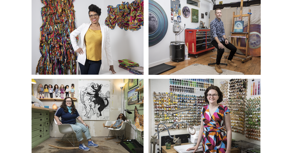 Collage of four portraits of artists in their studios.