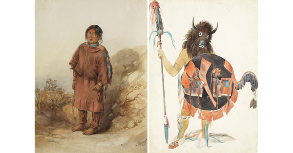 Collage of two watercolors of Indigenous people.