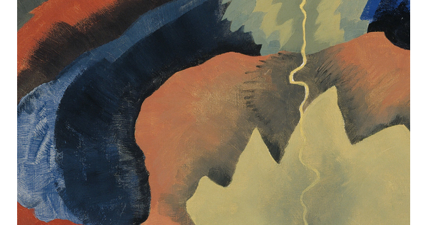 A detail of an abstract landscape painting of a lighting bolt with jagged blocks of color echoing across the sky.