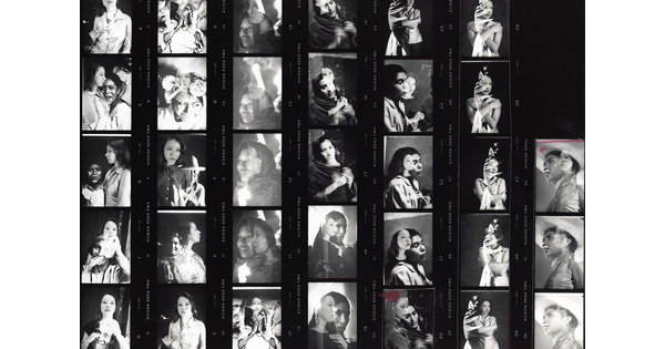 A contact sheet showing a series of black-and-white double-exposed photographs.