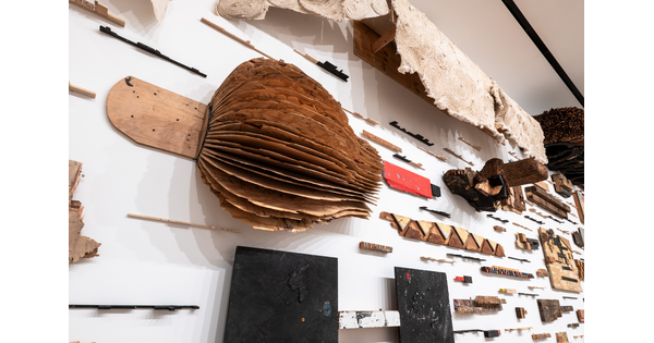 A detail of 3D wooden constructions with varied colors and textures mounted on a white wall.