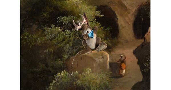 Prickles the jackalope jumps into Robert S. Duncanson&#039;s &quot;The Caves.&quot;