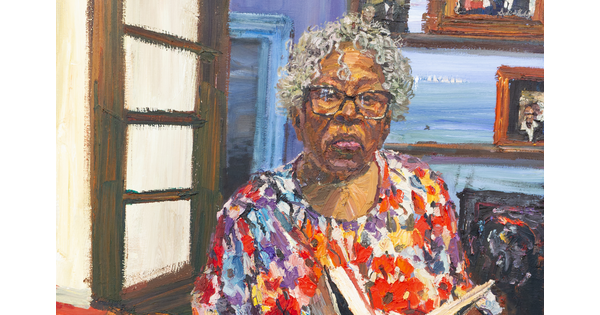 An oil painting of an older Black woman looking up from a book she is holding.
