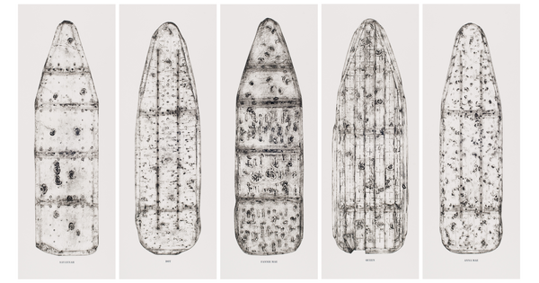 A collage of five prints of ironing board tops showing dents, cracks, and holes as well as outlines of their structures.