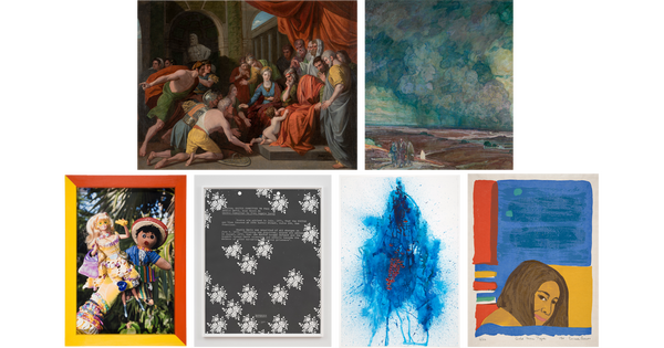 A collage of six artworks: a painting of a group of people in a temple; a painting of a cloudy landscape; a photograph of two dolls; a black-and-white print; an abstract color print; an abstract painting of a woman&#039;s head.