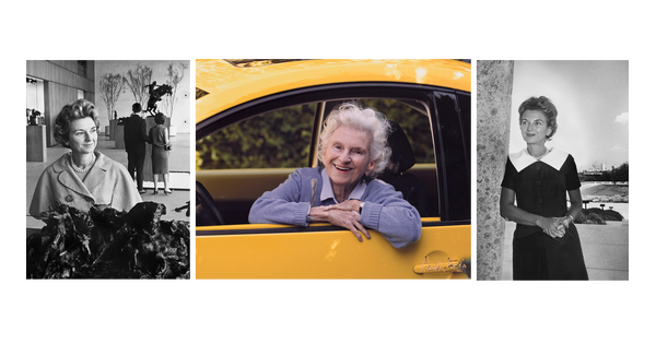 A collage of three photos (L-R): A black-and-white photo of a White woman in the Carter&#039;s main gallery; a smiling elderly White woman leans out of a car window; A black-and-white photo of a young White woman leaning against a pillar on the Museum&#039;s façade.
